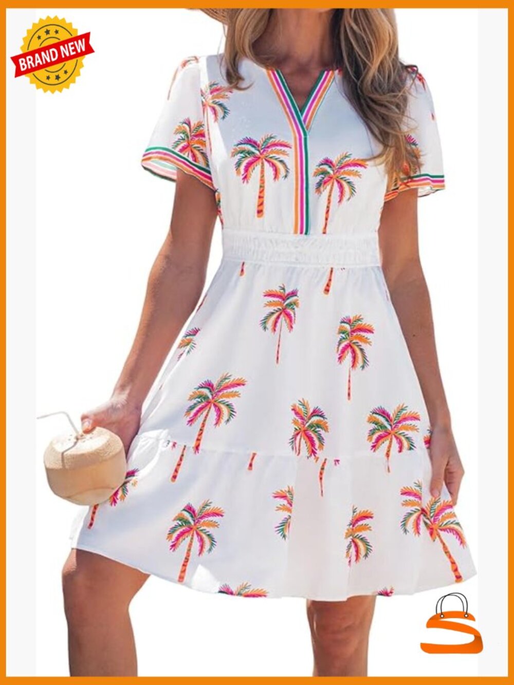 Summer Mini Beach Dress V-Neck A-Line Short Sleeve Casual Boho Sun Dress